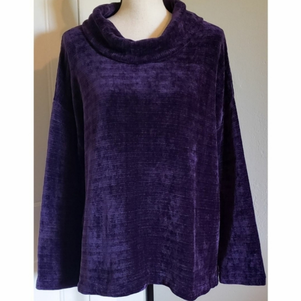 J Jill Oversized Chenille Knit Sweater Purple Soft Cowl Neck Relaxed Fit